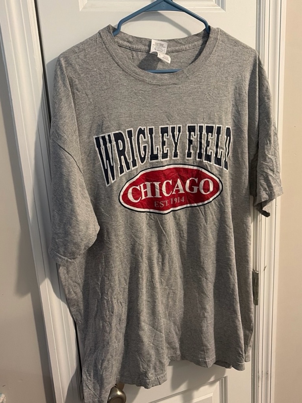 Gildan Grey Wrigley Field Chicago Graphic Tee with Red Logo